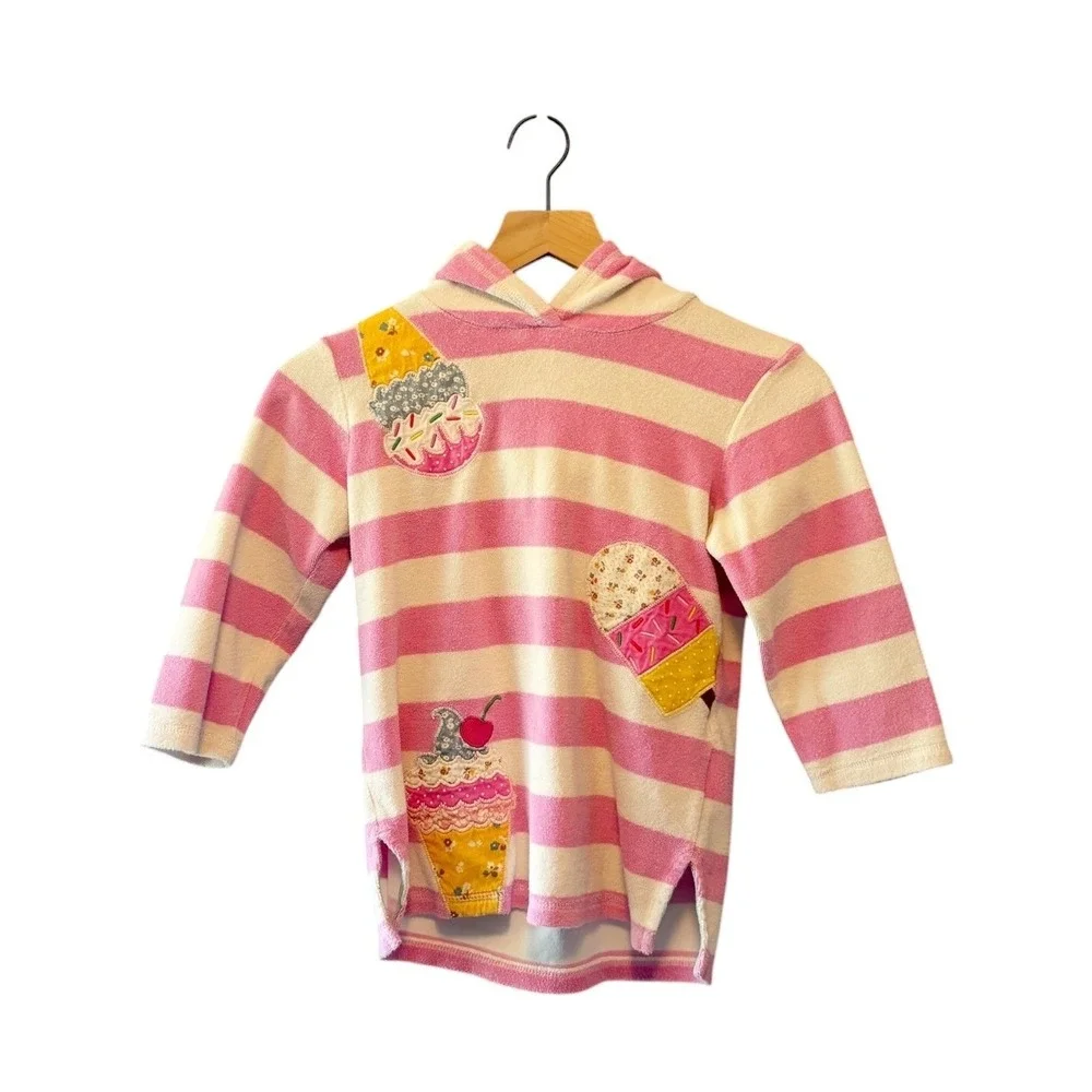 Mini Boden Girls Pink Striped Terry Cloth Ice Cream Cupcake Toweling Hoodie 5-6Y